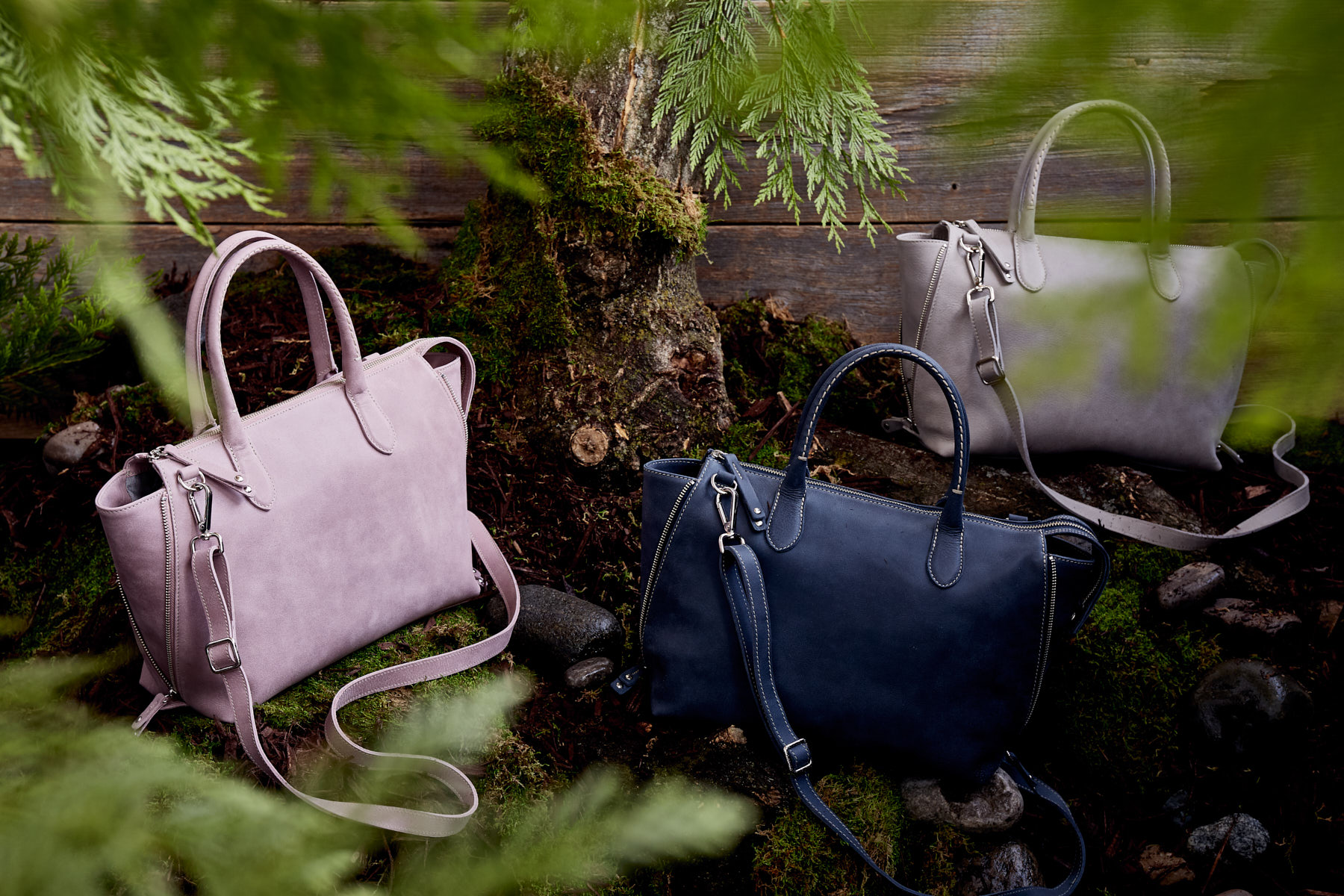 Handbags on location in forest 