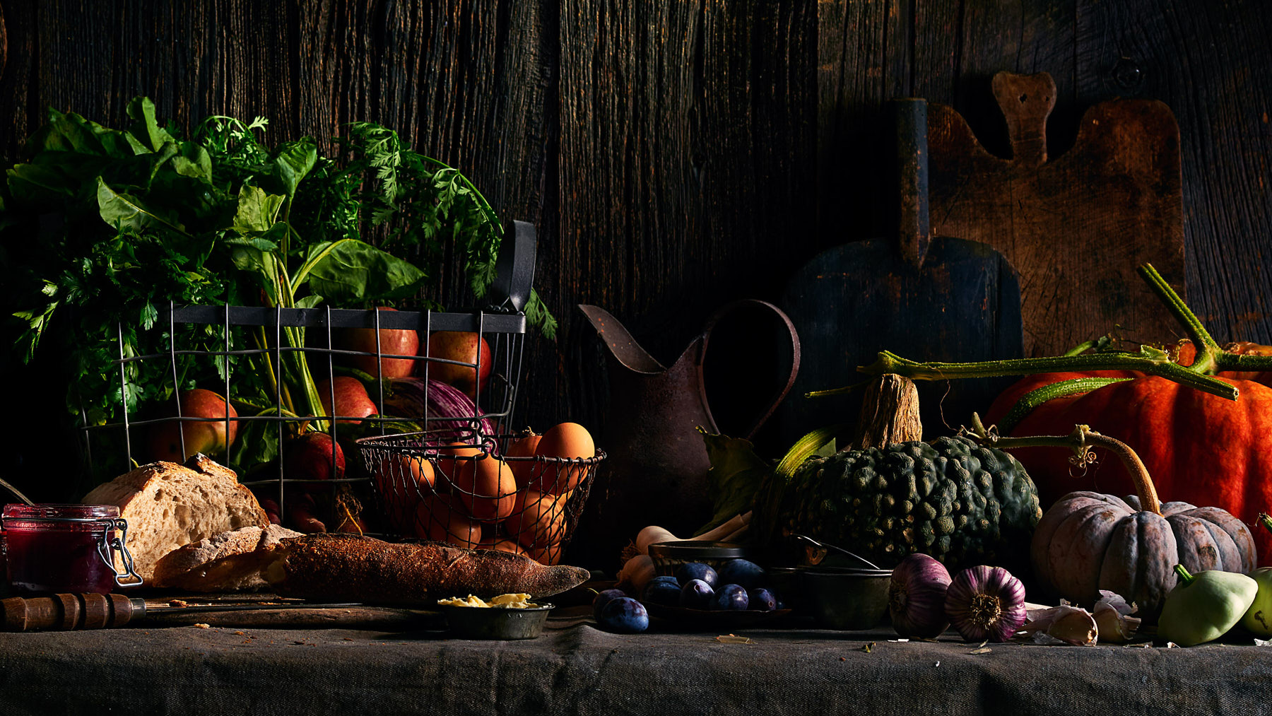 Harvest table of fresh produce